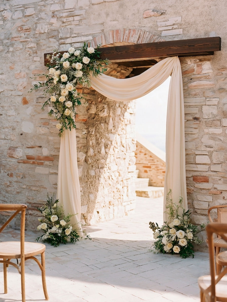 Altar de ceremonia decorado con flores y cortinaje