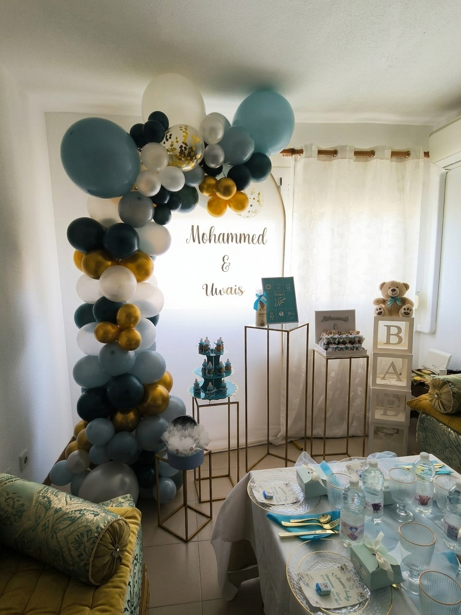 Decoración de bautizo con arco de globos azules y dorados
